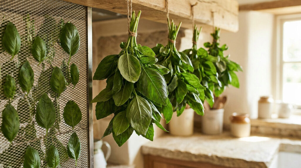 Bouquet de basilic frais suspendu pour sécher dans une cuisine rustique près d'un grillage métallique.