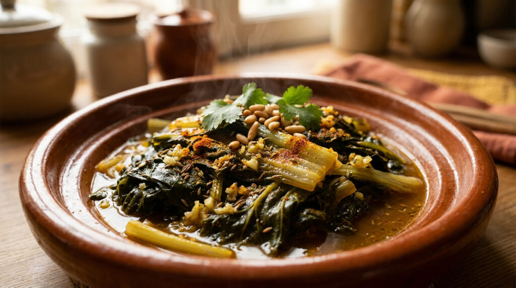 Un tajine en terre cuite rempli de blettes cuisinées avec des épices, des pignons de pin et de la coriandre fraîche.