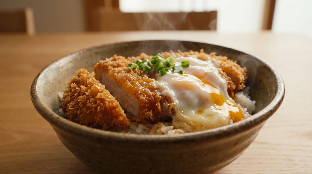 Un bol en céramique rempli de riz, surmonté d'un tonkatsu croustillant, d'un œuf poché coulant et de ciboule fraîche.