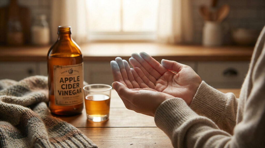 Mains aux doigts bleutés face à une bouteille de vinaigre de cidre dans une cuisine chaleureuse.