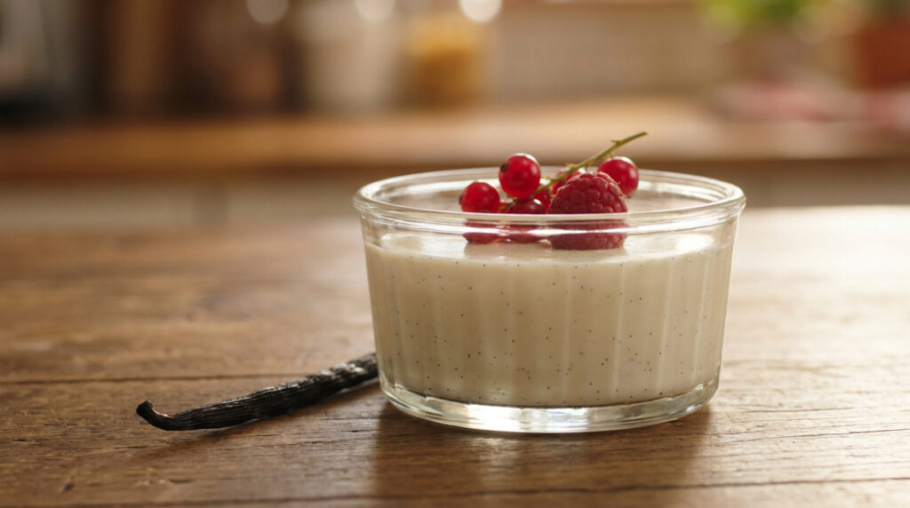 Verrine de panna cotta à la vanille agrémentée de fruits rouges sur une table en bois.