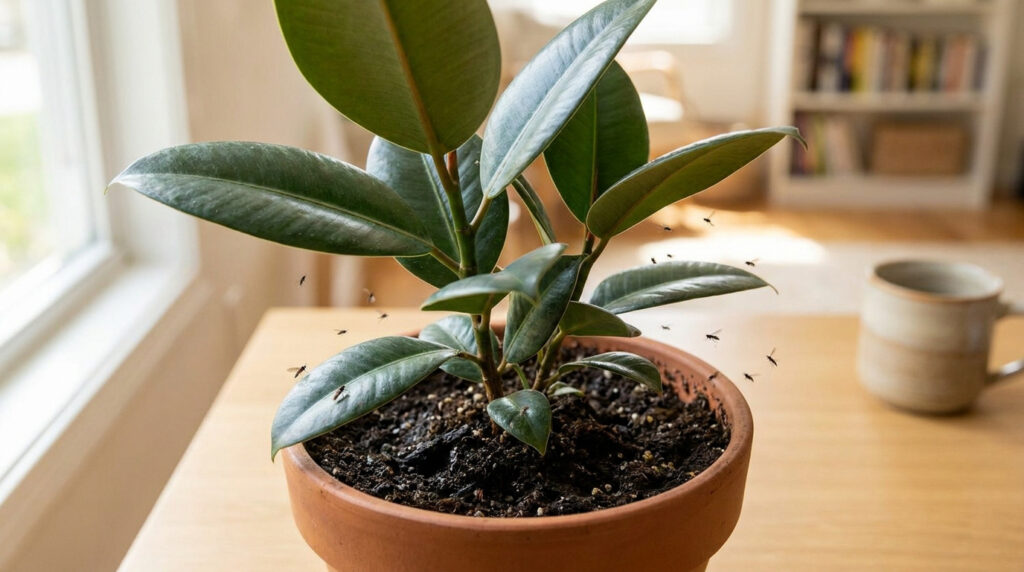 Un ficus en pot infesté de petits moucherons noirs volant autour des feuilles et du terreau.