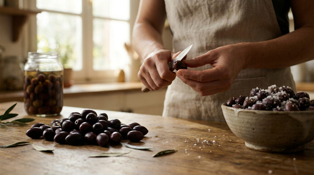 Une personne préparant des olives noires sur une table en bois dans une cuisine lumineuse.