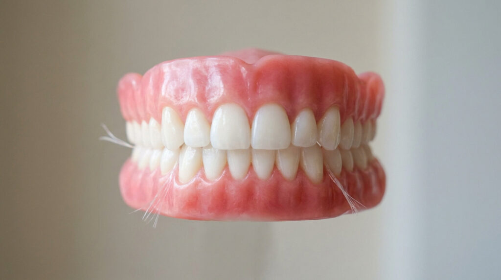 Un dentier complet en gros plan avec du fil dentaire passant entre les incisives inférieures.