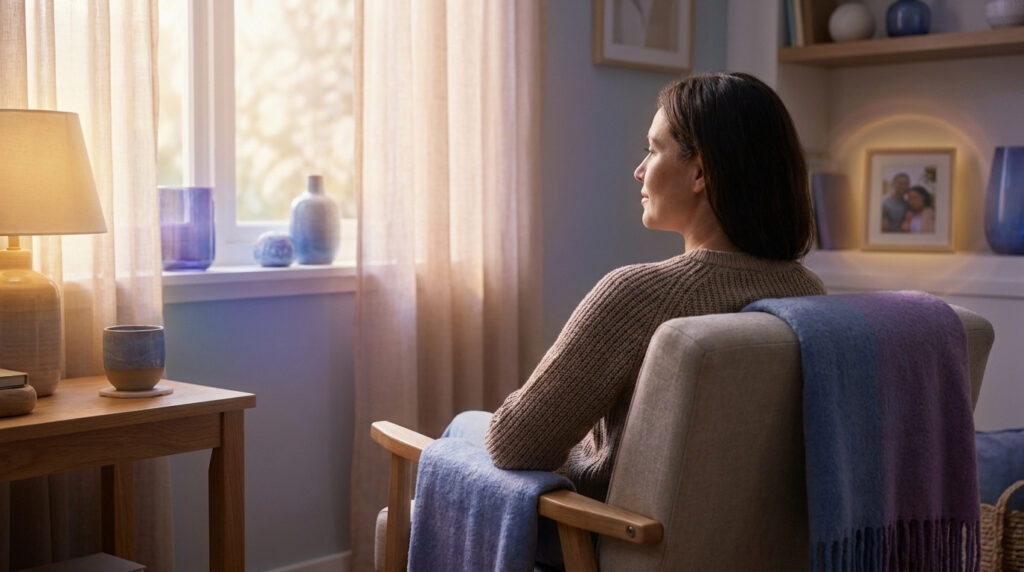 Une femme assise dans un fauteuil, regardant pensivement par la fenêtre dans un salon chaleureux.