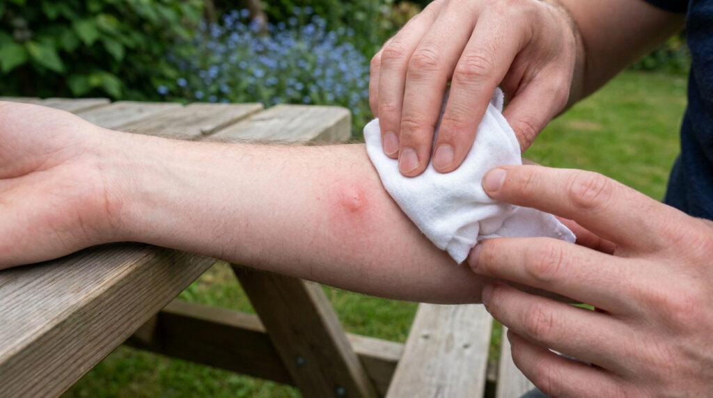 Une personne applique une compresse froide sur une piqûre de guêpe rouge et enflée sur son avant-bras.